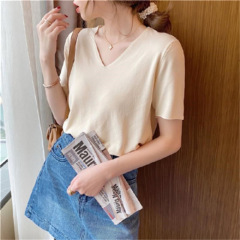 Ice silk knitted large-size short-sleeved base shirt loose v-neck knitted top for women ins super hot inner wear spring and summer trend