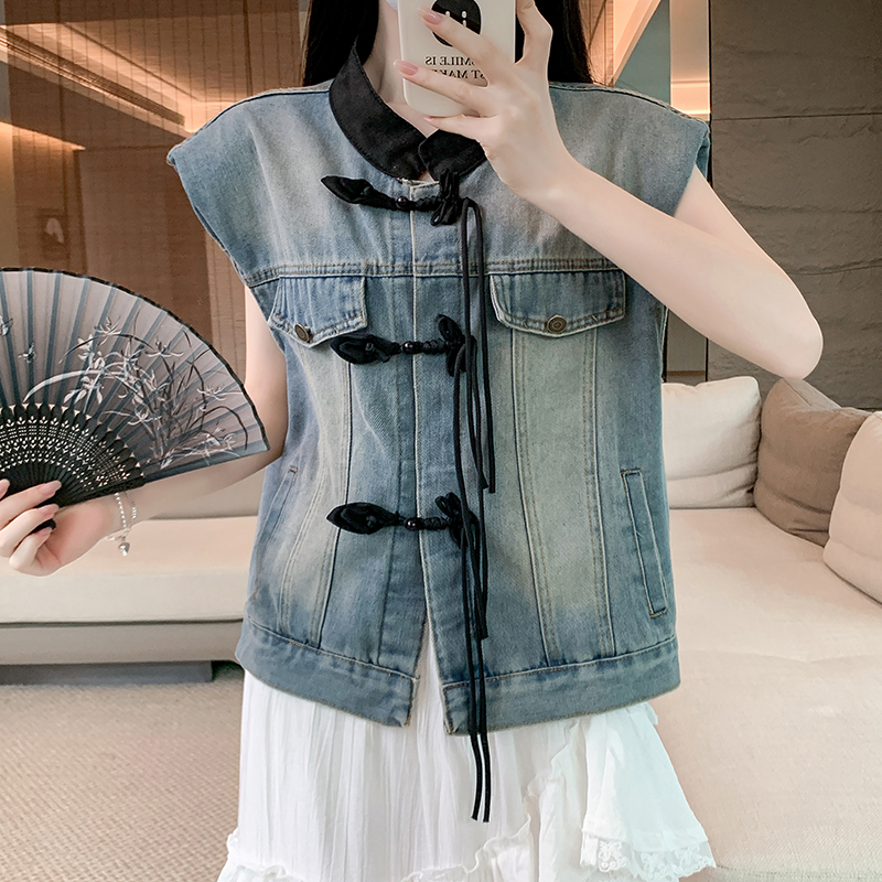 Real shot~ New Chinese denim vest jacket for women in summer new small outer short top