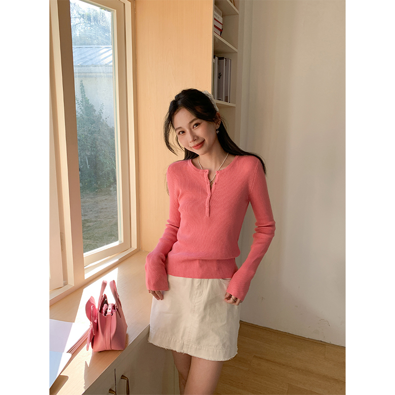 Real photos of women's thin v-neck versatile long-sleeved button base sweater slim-fitting and slim sweater top