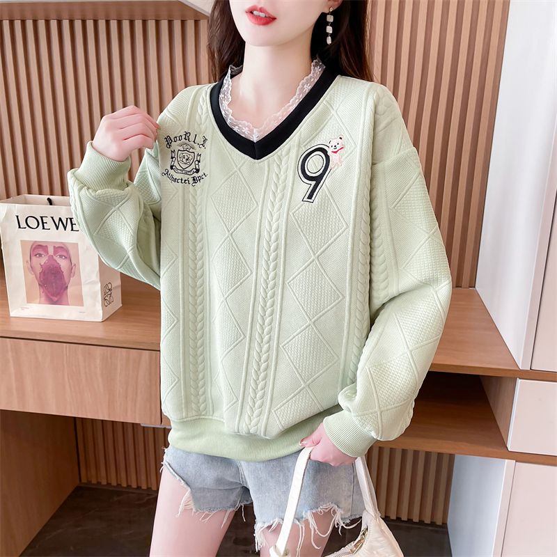 Real shot of jacquard lace sweatshirt for women's new spring and autumn fashionable age-reducing loose design top trendy