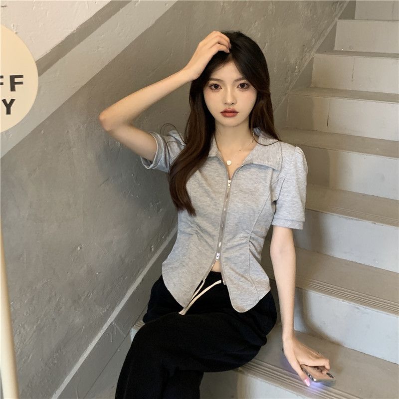 夏季設計感不規則小眾polo領短袖t恤女辣妹顯瘦短款純欲上衣