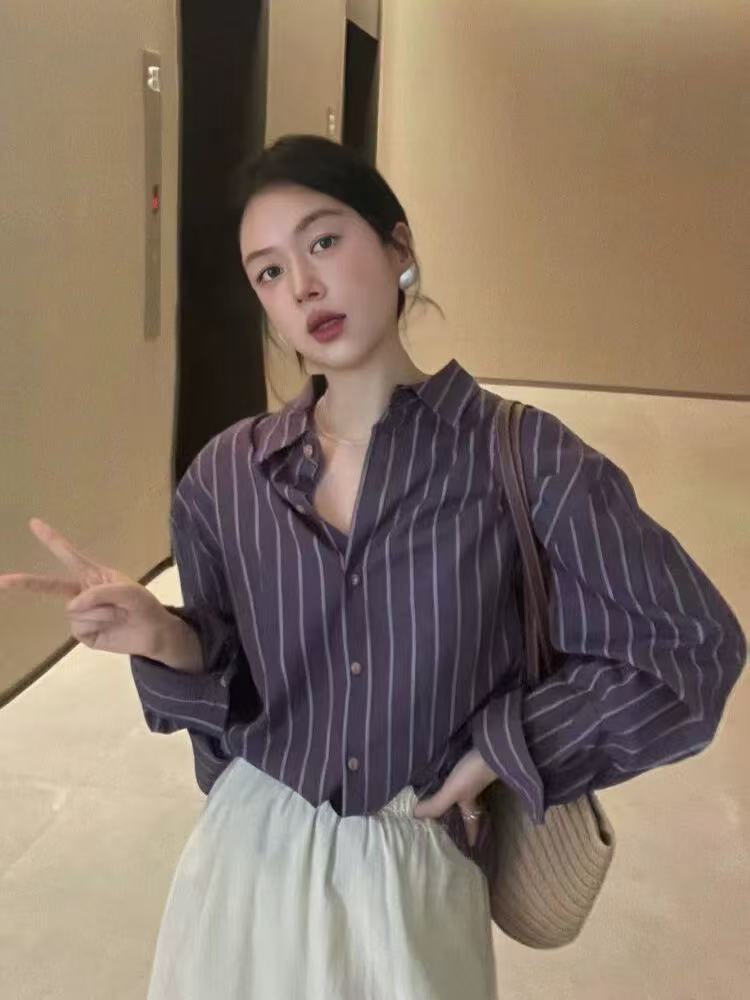 Spring fashion lapel fashionable mid-length cardigan retro loose chic temperament striped long sleeve shirt top for women