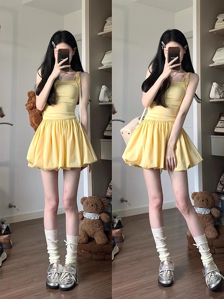 Creamy yellow dress for women in summer new sweet first love princess dress suspender bud skirt fluffy skirt