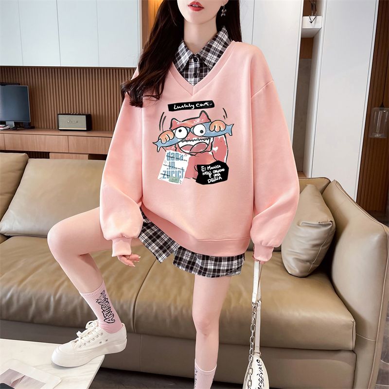 Real shot of plaid polo neck fake two-piece sweatshirt for women's new spring and autumn fashionable age-reducing loose design top