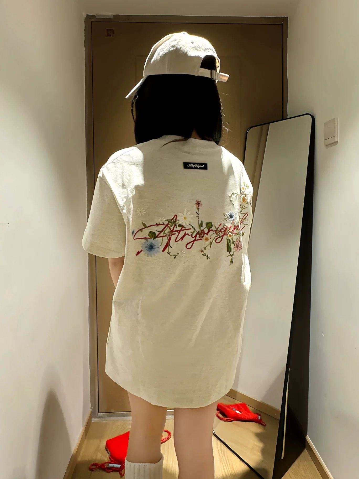 純棉 韓國chic夏季新款韓版寬鬆花朵刺繡貼標短袖t恤女百搭上衣潮