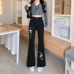 Real shot~Design-skull cat print jeans for women's new high-waisted slimming wide-leg trousers