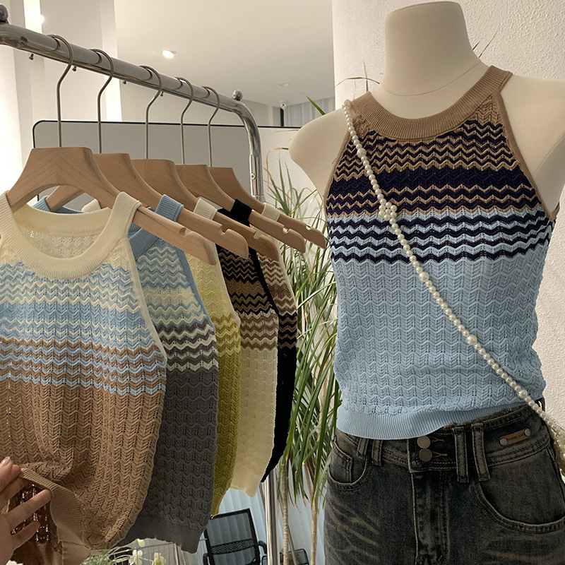 American sweet and spicy striped neck knitted suspender vest for women in summer wear slim fit and slim hot girl short top
