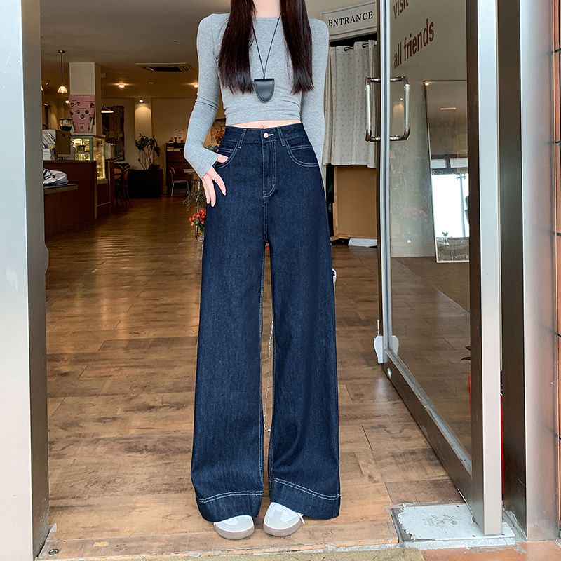 Real shot 2025 summer new dark blue retro jeans for women design high waist loose wide-leg pants trendy