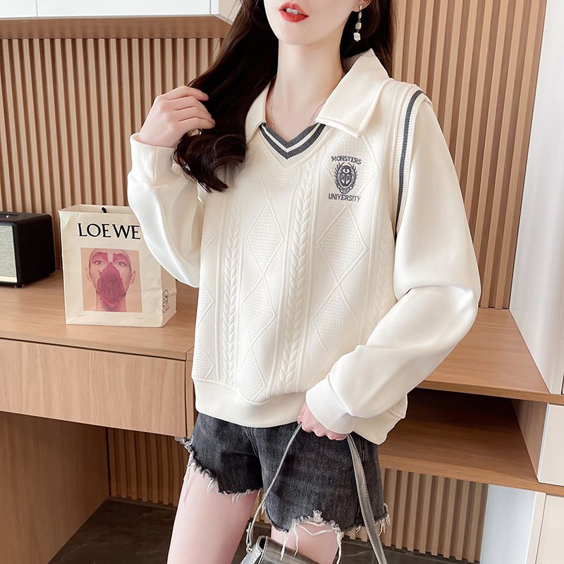 Real shot of polo neck fake two-piece sweatshirt for women's new spring and autumn fashionable age-reducing loose design top trendy