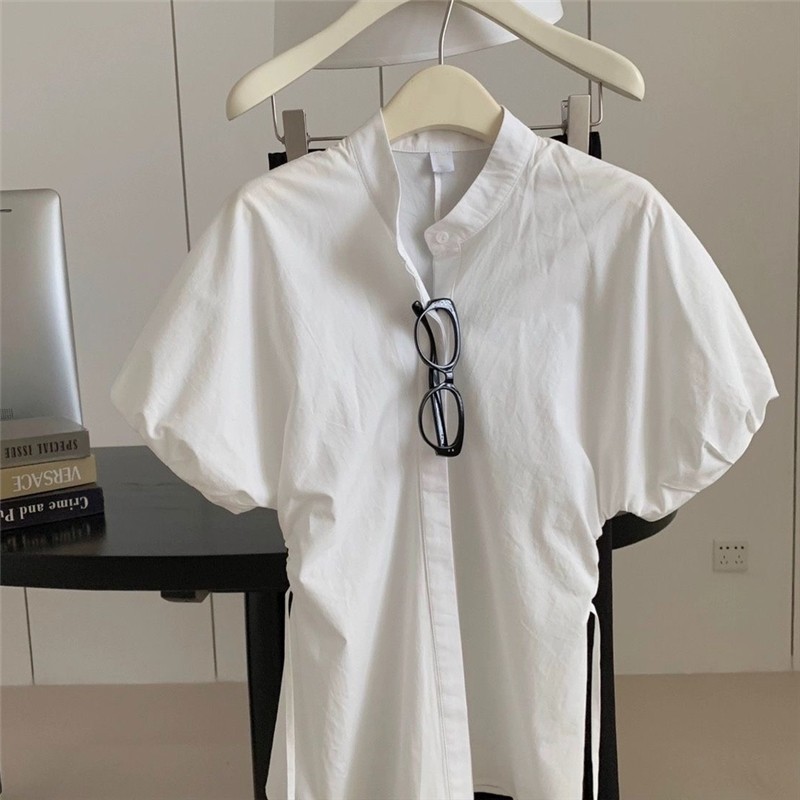 Official photo Original fabric Three-standard pure Hong Kong style white drawstring pleated shirt for women's waist-hugging summer top
