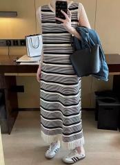 非實拍條紋流蘇針織連衣裙小個子法式氣質長裙顯瘦無袖背心裙