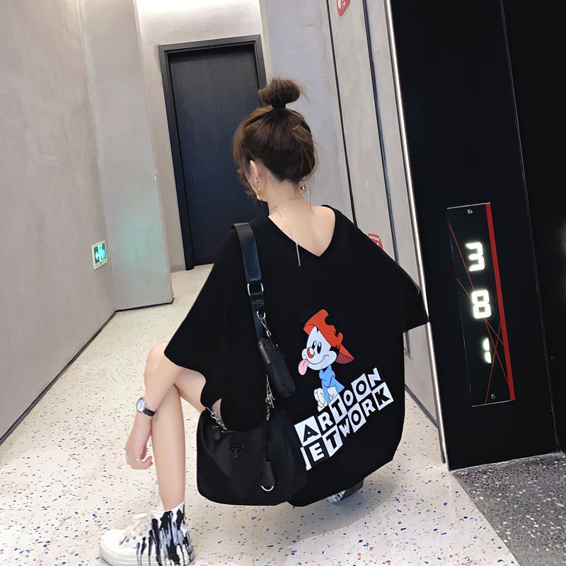 2025年新款夏季新款V領時尚中長款寬鬆短袖T恤女