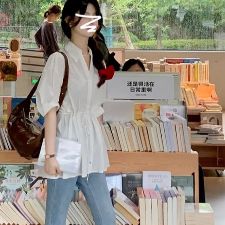 2025 new white v-neck shirt for women in summer waist-pinching design thin sunscreen shirt French temperament top