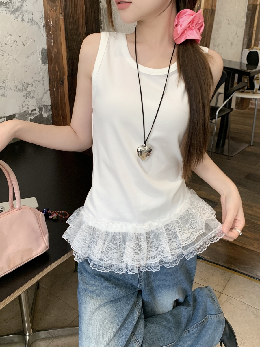 芭蕾風蕾絲拼接背心夏季新款設計感內搭疊穿無袖打底衫女潮