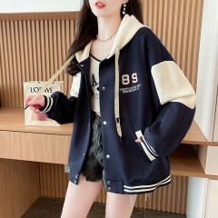 Real photos of Huamian loose hooded baseball uniform jacket for women in spring and autumn design niche contrast color splicing cardigan