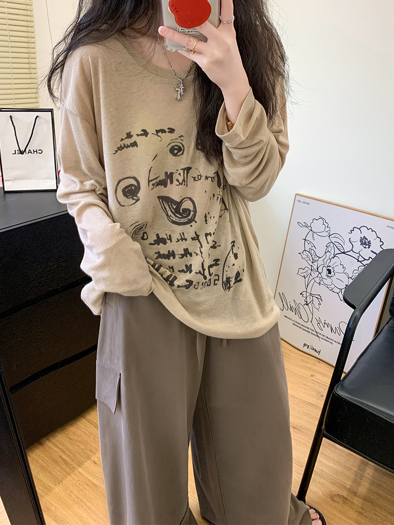 2025年夏季莫代爾原版面料清爽軟糯塗鴉防曬t恤女寬鬆圓領上衣潮