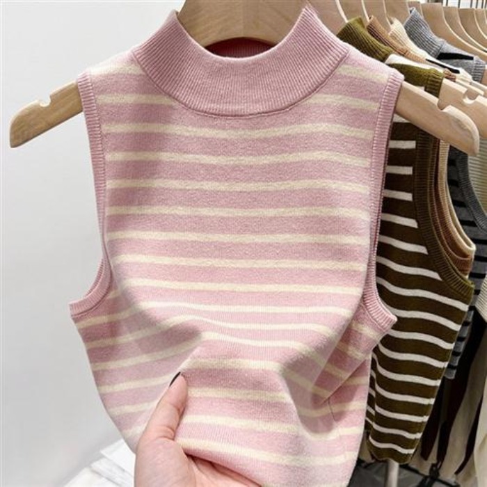 Half turtleneck striped suspender base vest for women 2025 new suit underwear top spring and autumn sleeveless knitted sweater
