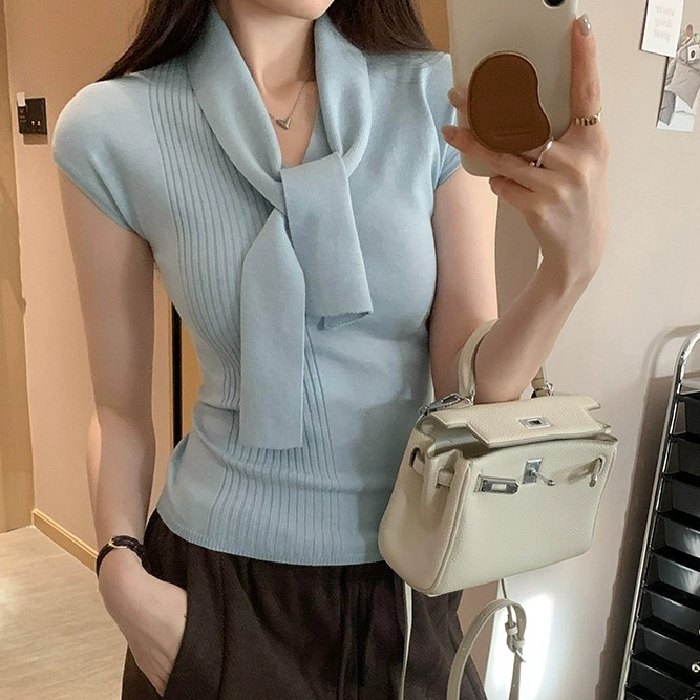 天貓質量韓系系帶V領短袖針織衫女春夏新款法式內搭甜美上衣