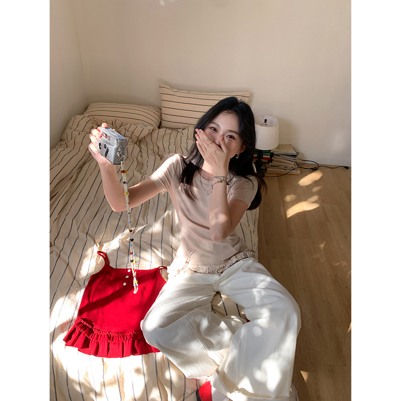 Real shot of round neck straight shoulder T-shirt for women pure desire style splicing lace slim cotton short sleeves inner short top
