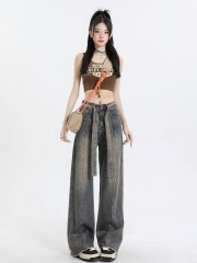 Retro high waist straight jeans for women American high street summer new draped wide-leg pants oversize pants