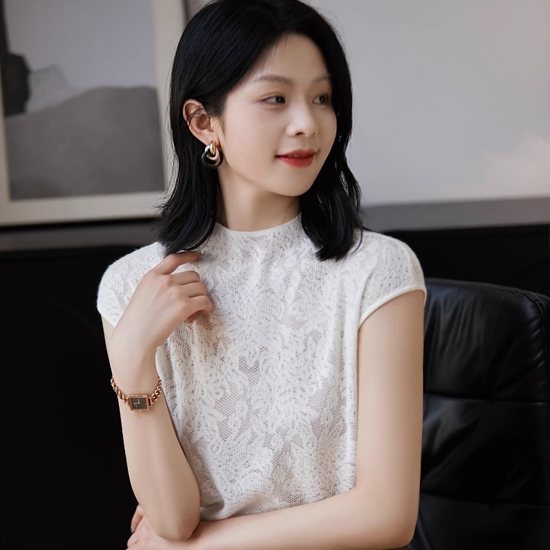 Mesh transparent shirt lace jacquard sleeve knitted sweater women's sleeveless top summer