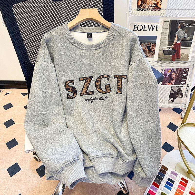 Real photo of Hua Cotton, design-sensory large size women's embroidered round neck sweatshirt for women's new spring and autumn loose lazy top
