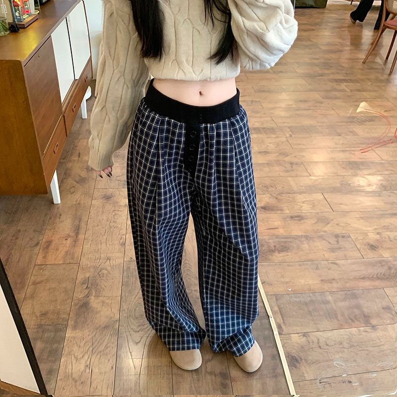 Real-life pure cotton American plaid wide-leg pants for women with large size loose lazy pants draped straight-leg couple casual pants