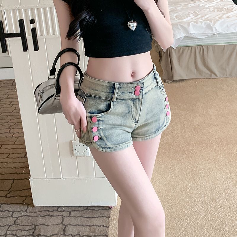 Real shot~ High Street retro button denim shorts female hot girl with low waist slim tight hips A-line hot pants