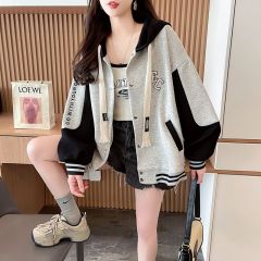 Real photos of Huamian loose hooded baseball uniform jacket large size women's spring and autumn design niche contrast color splicing cardigan