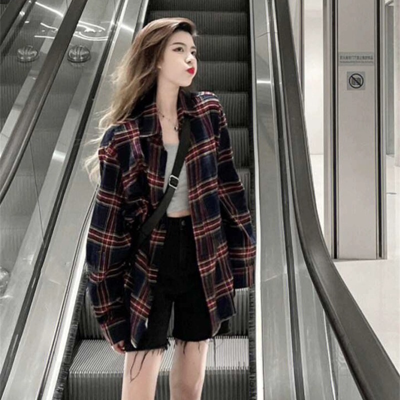 Hong Kong style retro yellow plaid shirt for women in spring and autumn new loose casual high-end inner layer layered shirt jacket