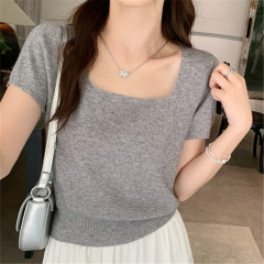 Short-sleeved sweater new summer thin front shoulder T-shirt women's short square collar top thin base shirt