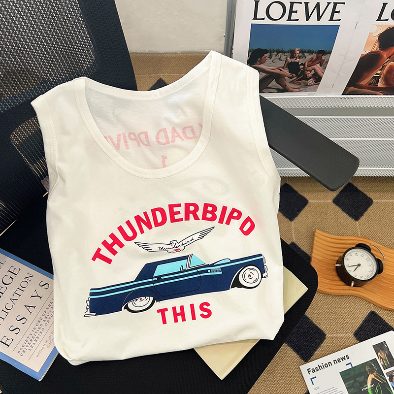 Real-life photo of 100% pure cotton front and rear printed car pattern sleeveless versatile vest for women ins fashion