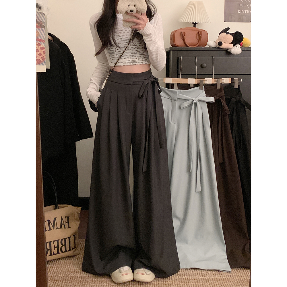 Real shot!  2025 Personalized lace-up wide-leg pants for women with high waist droop loose casual pants floor-moving personalized suit pants