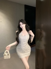 Real photo of laurel sweet tea white lace suspender dress for women jacquard heavy work waist-hugging short skirt