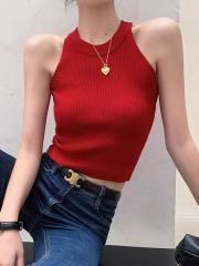 非實拍 辣妹掛脖設計感無袖挖肩針織背心夏季新款外穿上衣潮