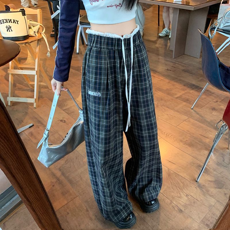 Real-life pure cotton American retro plaid wide-leg pants for women's large-size spring and autumn design feel loose casual straight trousers