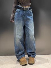 韓國chic復古彎刀百搭牛仔褲女春季新款水洗設計感寬鬆闊腿拖地褲