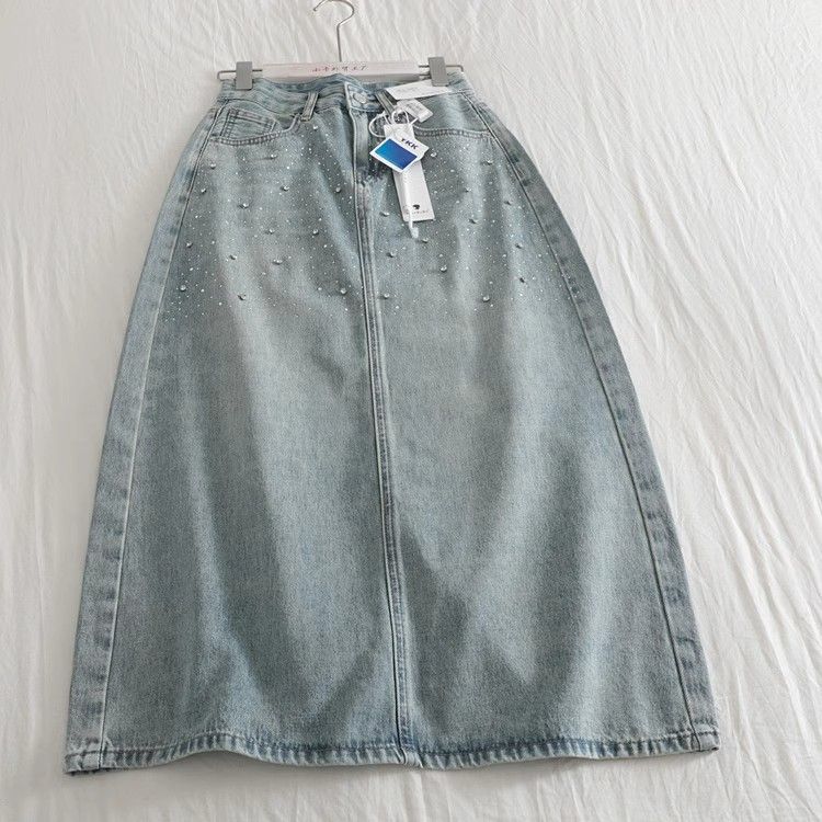 2025 summer new high-waist denim skirt for women European products retro hot diamond mid-length slit hip A-line skirt