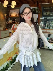 Sweet and cool hot girl long-sleeved hooded white T-shirt for women in spring chic niche loose hollow slimming mid-length top