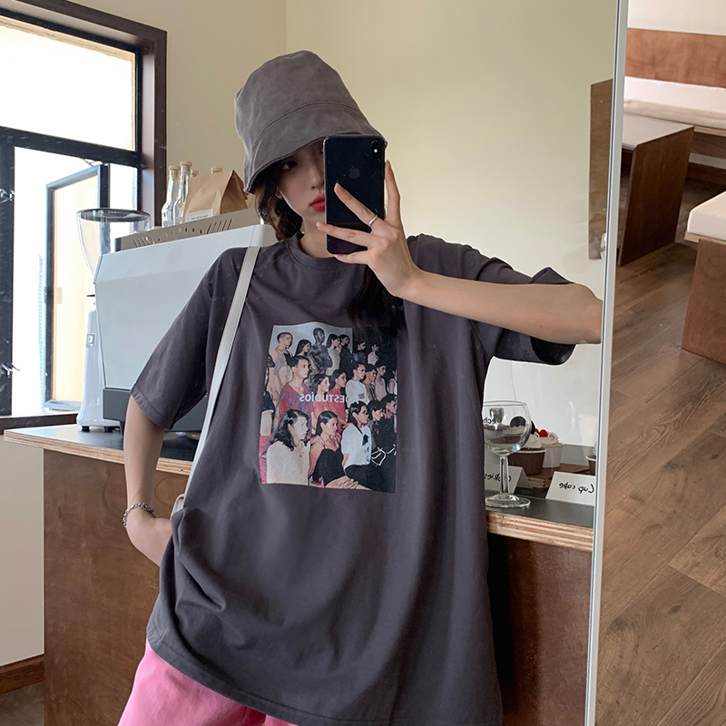 #200g pure cotton American retro ins street frying short-sleeved T-shirt for women loose summer hip-hop half-sleeved couple