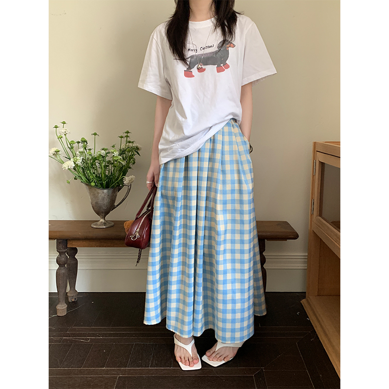 Real shot 2025 new gentle Korean blue plaid skirt for women in spring and summer slim and versatile long skirt