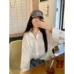 韓國chic長袖純色襯衫防曬女春夏秋寬鬆休閒慵懶肌理感開衫上衣潮