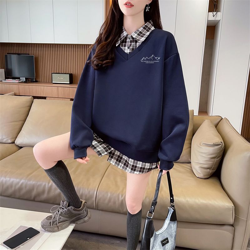 Real shot of plaid polo neck fake two-piece sweatshirt for women's new spring and autumn fashionable age-reducing loose design top