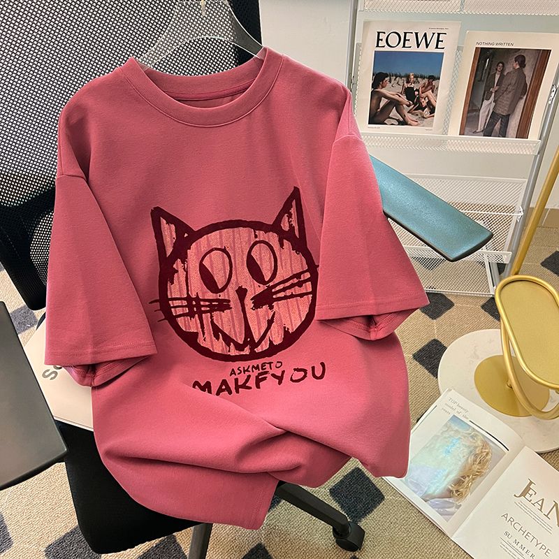 Real-life quality 32 double yarn pure cotton short-sleeved T-shirt for women's summer printed round neck new top large size women's clothing