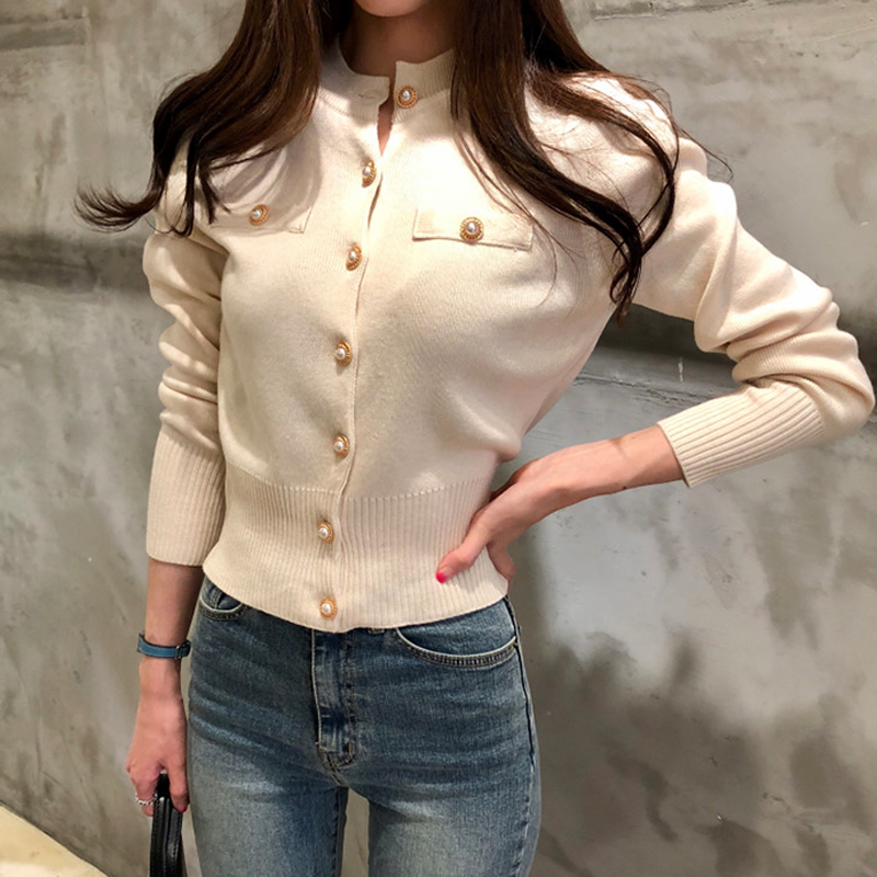 Tight knitted cardigan for women short thick slim Korean style autumn and winter new sweater retro long-sleeved small jacket top