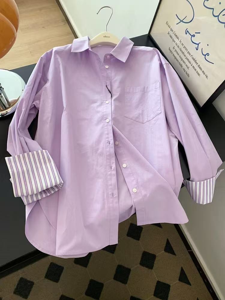 Purple long-sleeved shirt jacket for women's shirt mid-length style covering butt fashionable loose lazy style top 25 spring