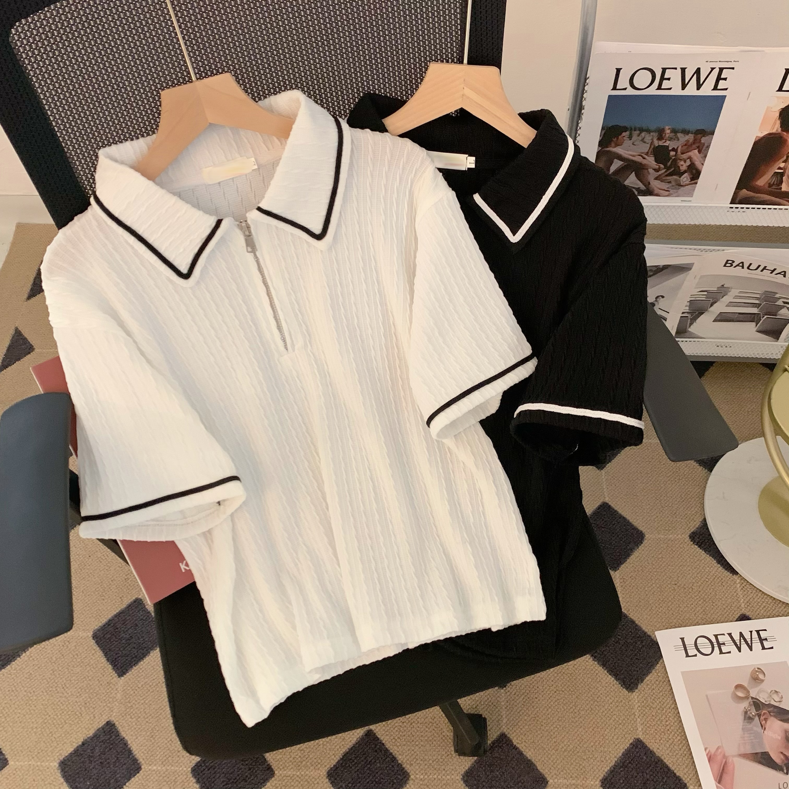 #Real photo of Polo collar contrasting short-sleeved T-shirt for women's summer new zipper design lapel top