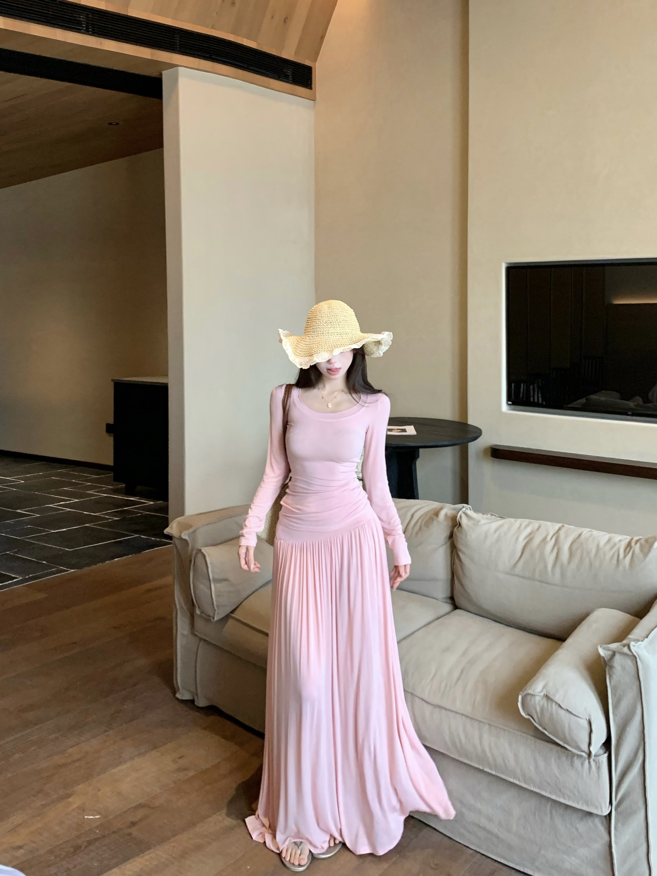 Real shot!  French high-end pleated waist-hugging pink dress for women's gentle style retro temperament long skirt