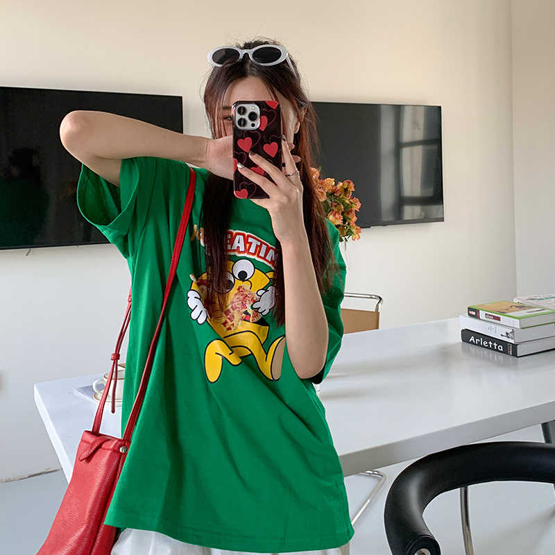 Real shot of 200g pure cotton summer new green short-sleeved women's Korean version ins creative children's fun print