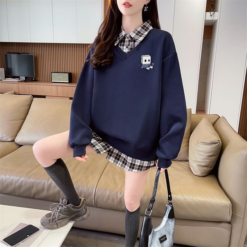 Real shot of plaid polo neck fake two-piece sweatshirt for women's new spring and autumn fashionable age-reducing loose design top